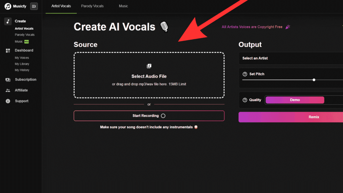 Bước 6: Ở mục Creat For Artist, bạn sẽ tiến hành tải file Vocal lên. Bước 6: Ở mục Creat For Artist, bạn sẽ tiến hành tải file Vocal lên.