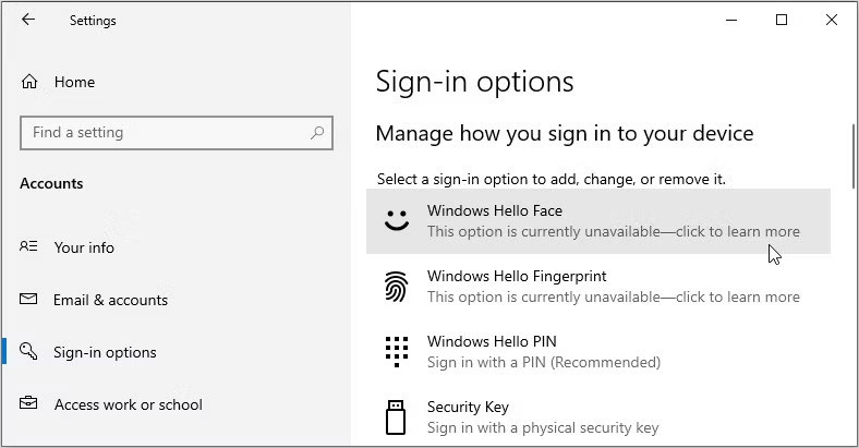 Xem các tùy chọn Windows Hello