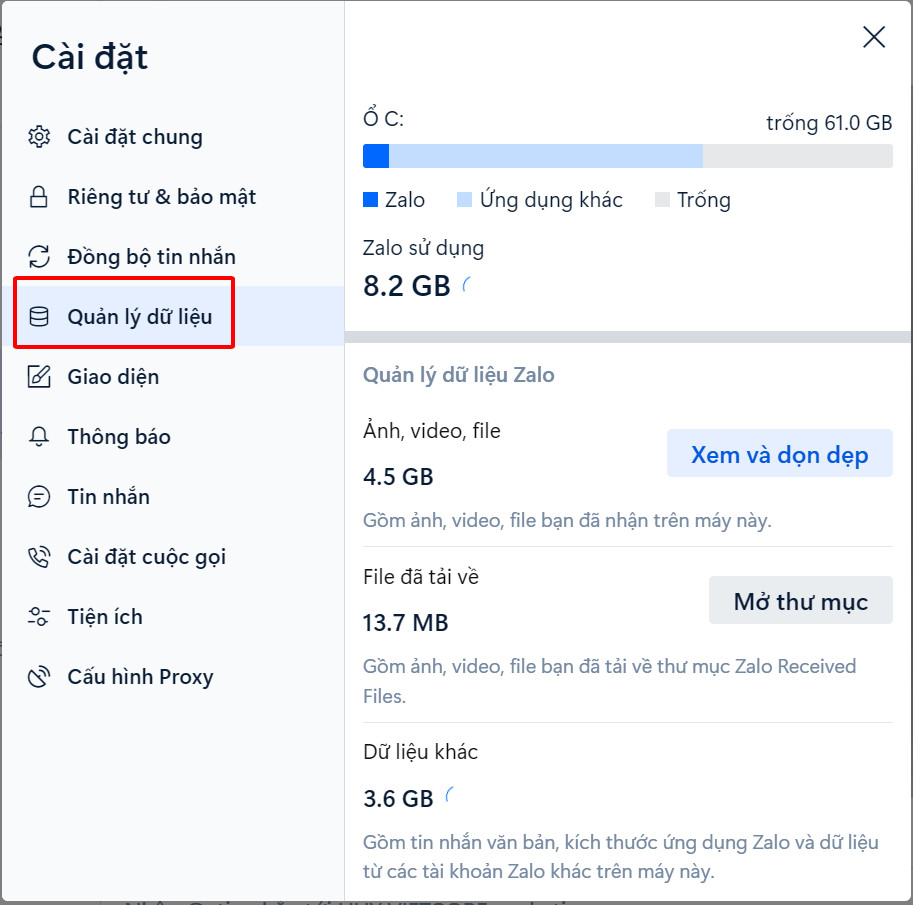 Cách xóa dữ liệu chat Zalo trên máy tính vào Quản lý dữ liệu Cách xóa dữ liệu chat Zalo trên máy tính vào Quản lý dữ liệu