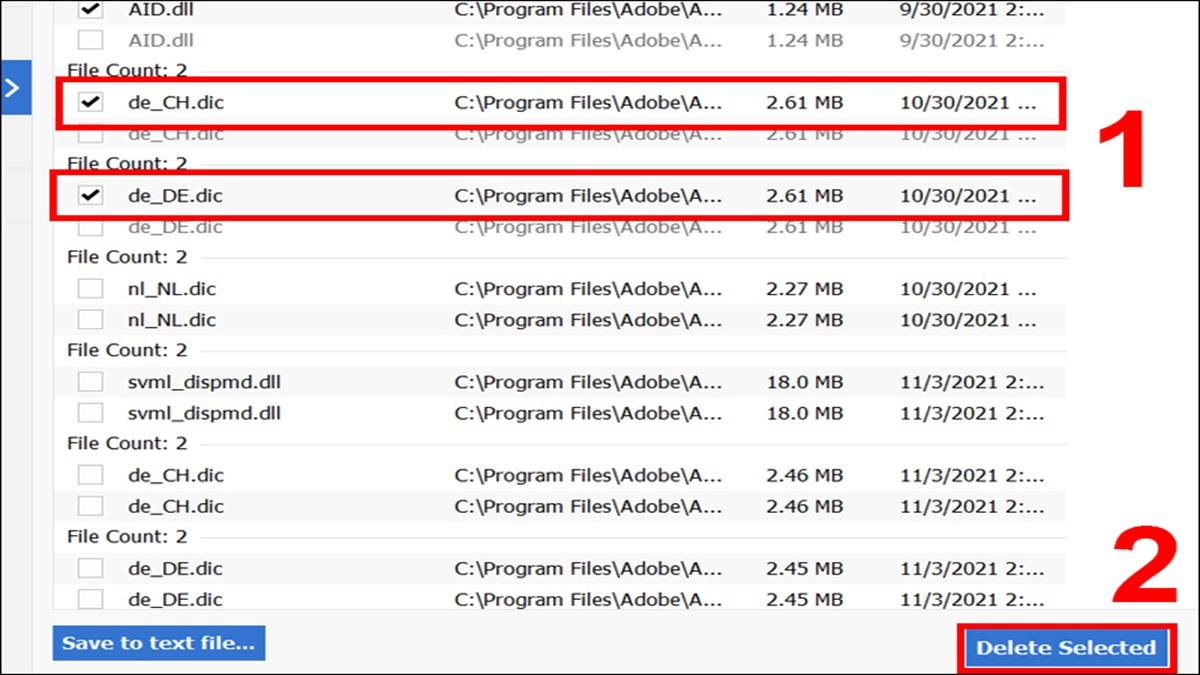 chọn Delete Selected để xóa các file trùng lặp đã chọn và giải phóng dung lượng ổ C chọn Delete Selected để xóa các file trùng lặp đã chọn và giải phóng dung lượng ổ C