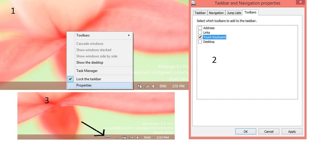 bàn phím ảo win8 mở từ taskbar