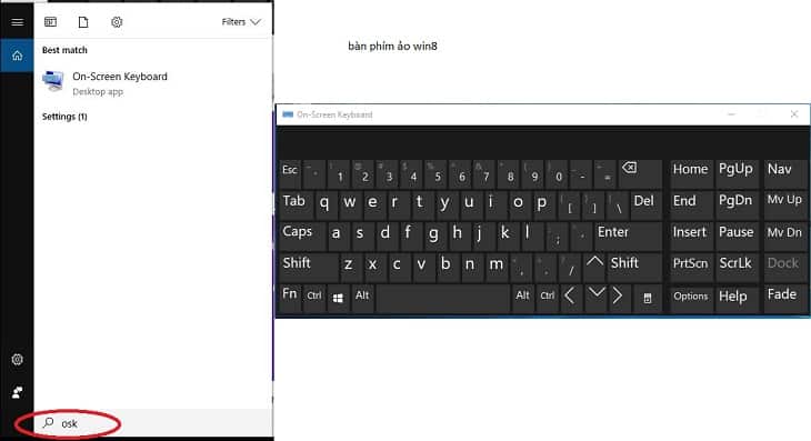 mở bàn phím ảo win8 từ hộp search