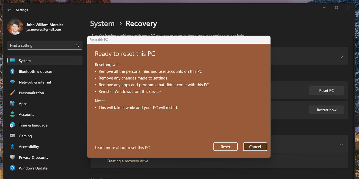 Cửa sổ Ready to reset this PC