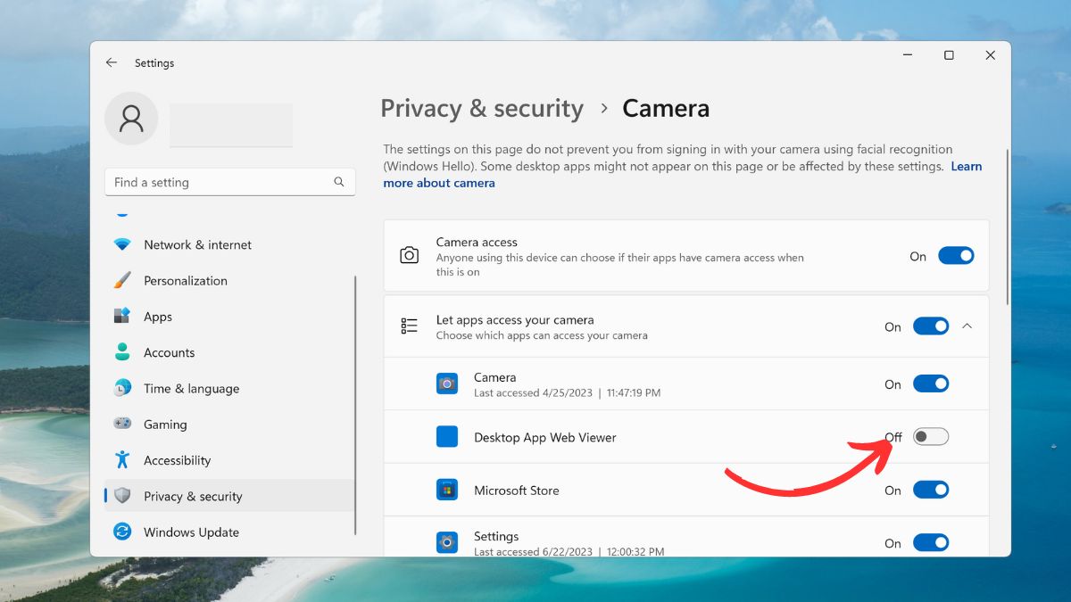 Bước 5: Bây giờ, bạn ấn tiếp vào mục Let apps access your camera để mở rộng danh sách những ứng dụng nằm ở bên dưới và đảm bảo nút chuyển ứng dụng cụ thể đã được bật.