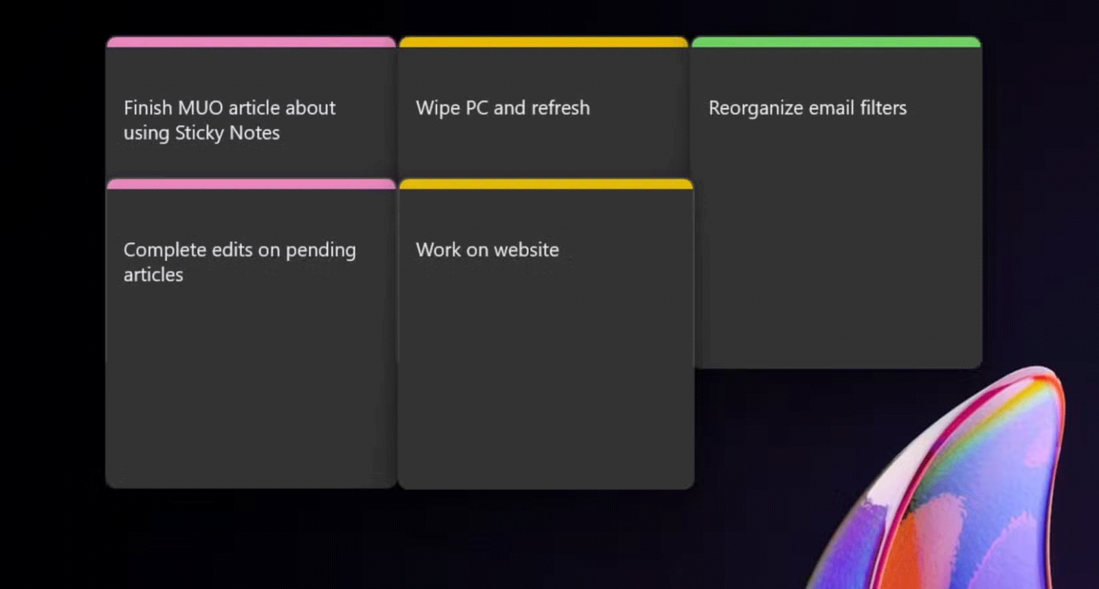 Nhiều nhiệm vụ được liệt kê trên Sticky Notes được mã hóa màu trong Windows 11 Nhiều nhiệm vụ được liệt kê trên Sticky Notes được mã hóa màu trong Windows 11
