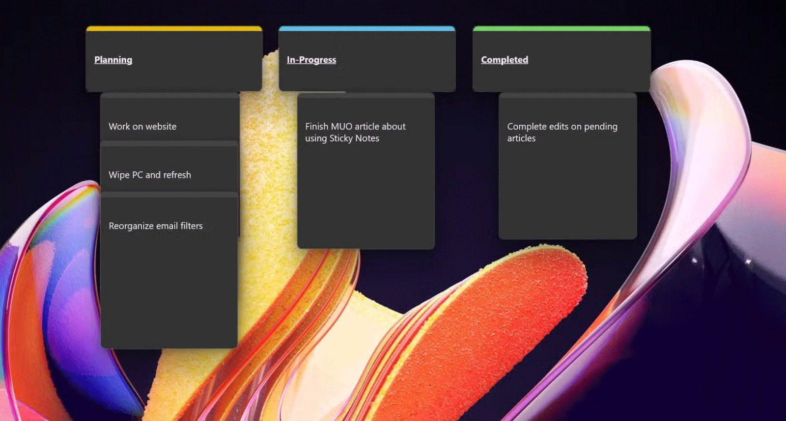 Một bảng Kanban tạm thời được tạo bằng Windows Sticky Notes Một bảng Kanban tạm thời được tạo bằng Windows Sticky Notes