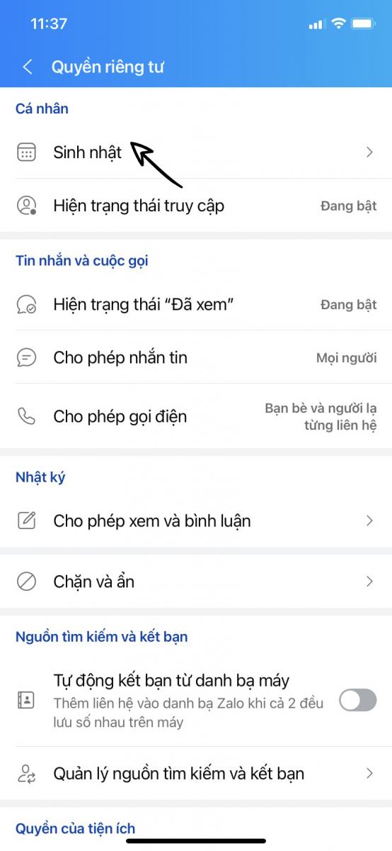 Bước 2: Vào Quyền riêng tư > chọn sinh nhật Bước 2: Vào Quyền riêng tư > chọn sinh nhật