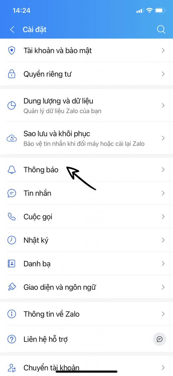Chọn mục Thông báo Chọn mục Thông báo