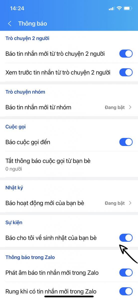 Chọn vào nút Báo cho tôi về sinh nhật của bạn bè Chọn vào nút Báo cho tôi về sinh nhật của bạn bè