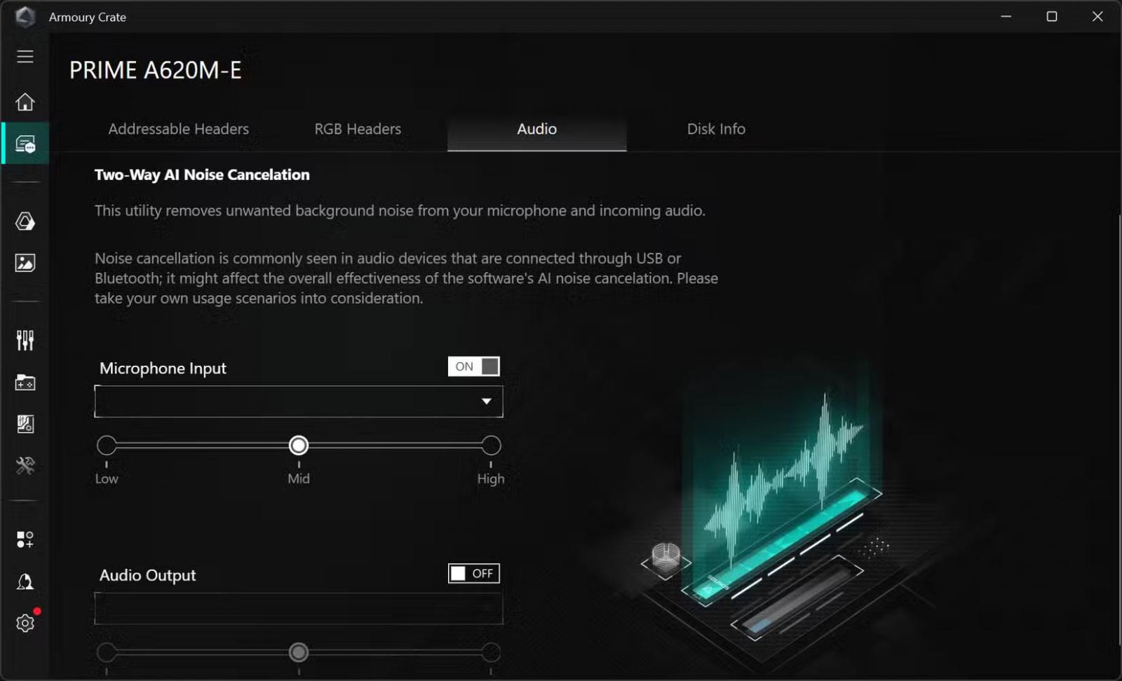 Chuyển đổi đầu vào và đầu ra để khử tiếng ồn AI trong ASUS Armoury Crate.