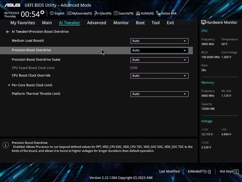 Tính năng cải tiến Precision Boost Overdrive trong ASUS UEFI BIOS.