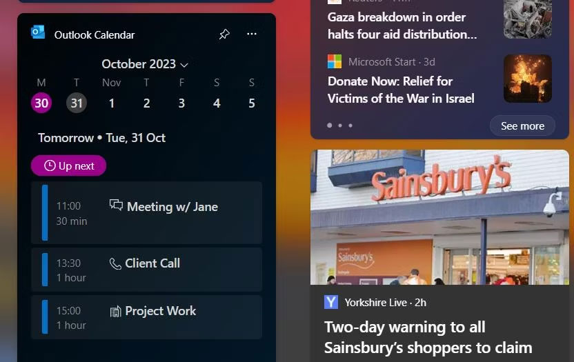 Widget năng suất Outlook Calendar trên Windows 11