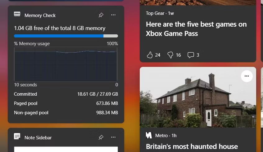 Widget Memory Check trên Windows 11