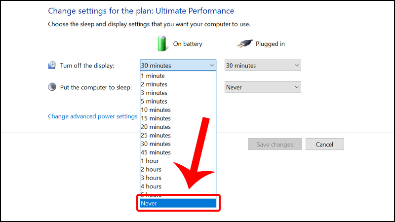 Bước 3: Trong phần On Battery, bạn chọn tất cả các mục đều là Never. Bước 3: Trong phần On Battery, bạn chọn tất cả các mục đều là Never.